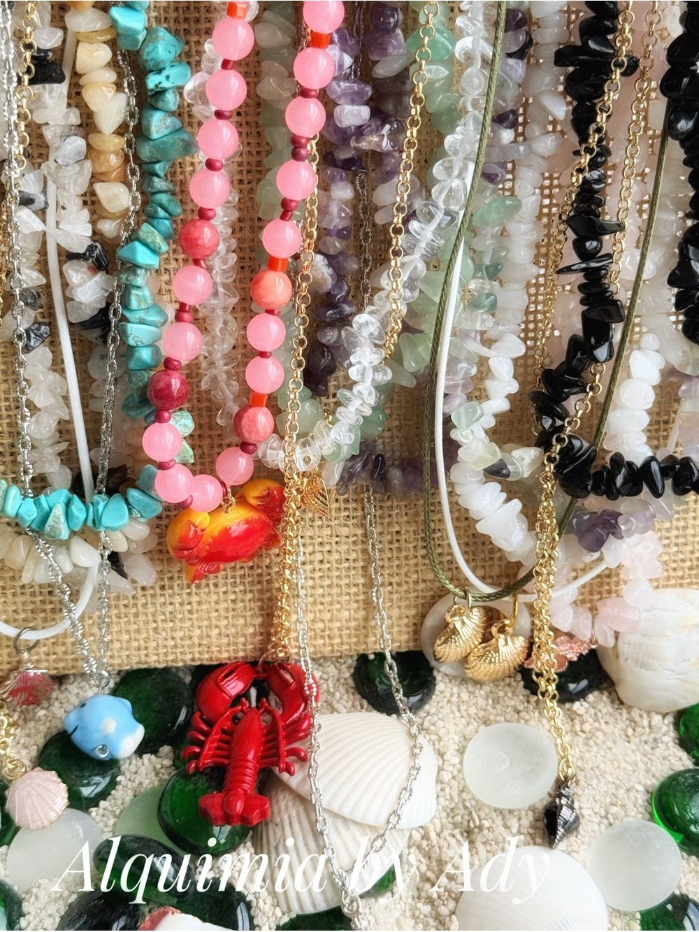 Pink and Turquoise Beaded Gemstone Necklace with SEASIDE Lobster Charms